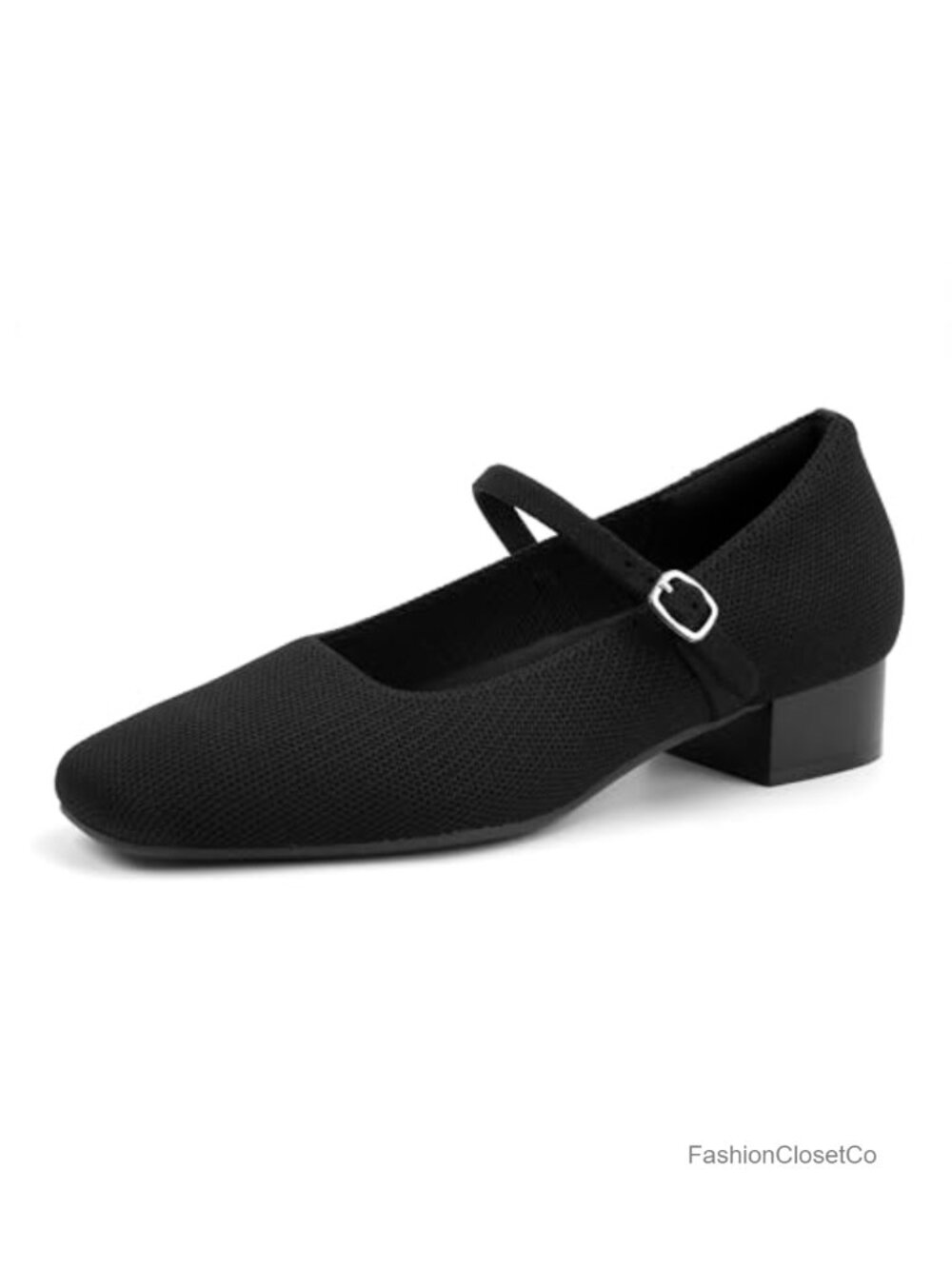 Women's Square Toe Mary Jane Pumps Chunky Block Heel Ankle Strap Knit